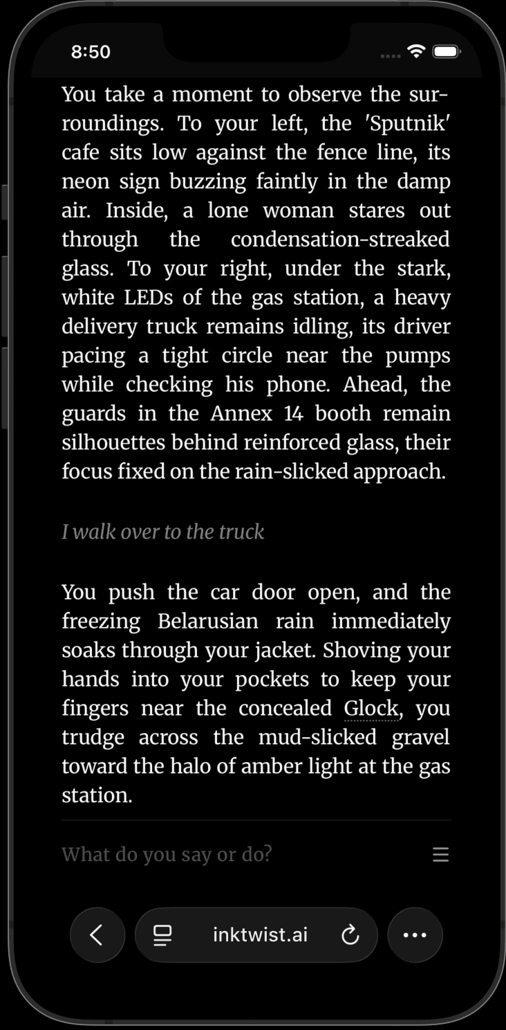 The InkTwist app showing a narrative scene unfolding on a phone, with the player typing what they do next